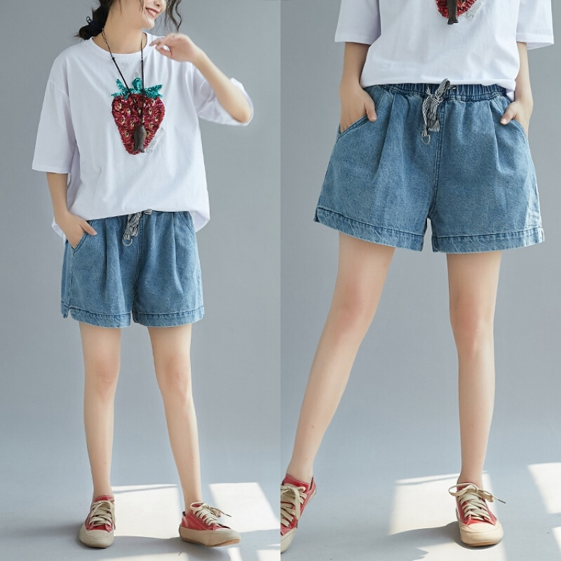 大码女装胖mm夏洋气短裤套装韩版宽松休闲百搭紧腰牛仔阔腿裤热裤2959