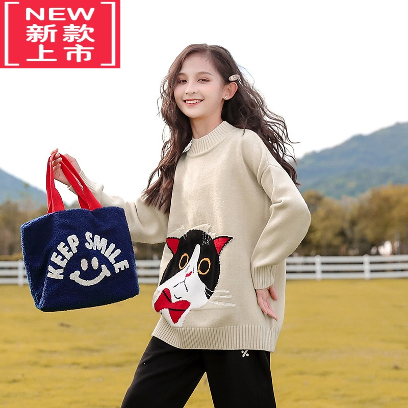 可莉允女童毛衣2022新款洋气儿童打底衫秋冬大童圆领女孩冬季套头针织衫