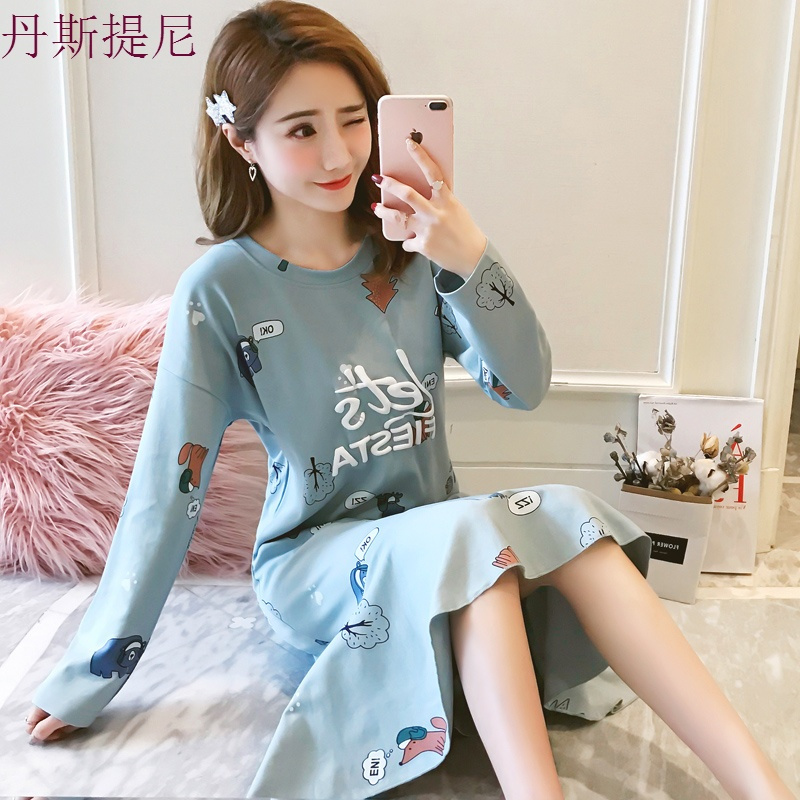 睡裙女纯棉中裙韩版长袖加大码睡衣网红中长款家居服春秋季可外穿