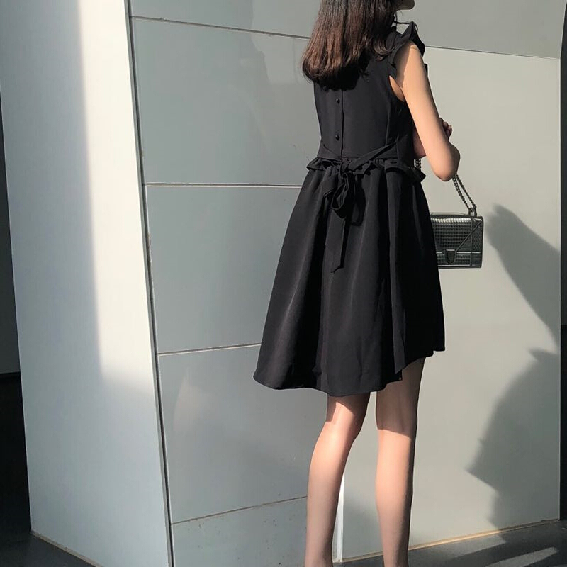 夏季韩版无袖荷叶边不规则a字裙高腰显瘦系带纯色连衣裙女 黑色 均码