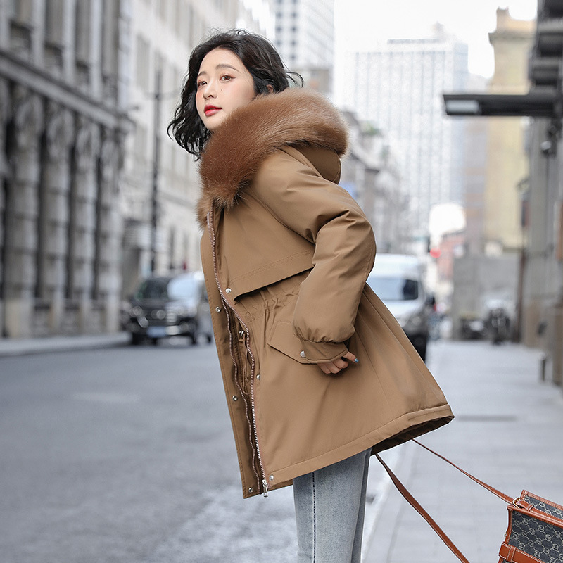 大毛领羽绒棉服女中长款冬季2024新款韩版宽松棉衣加绒加厚派克服高清大图