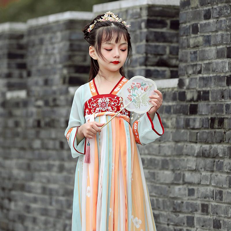 儿童汉服女童古装超仙仙气古风小女孩连衣裙学生新款公主裙子夏装 花月瑶七分袖 110