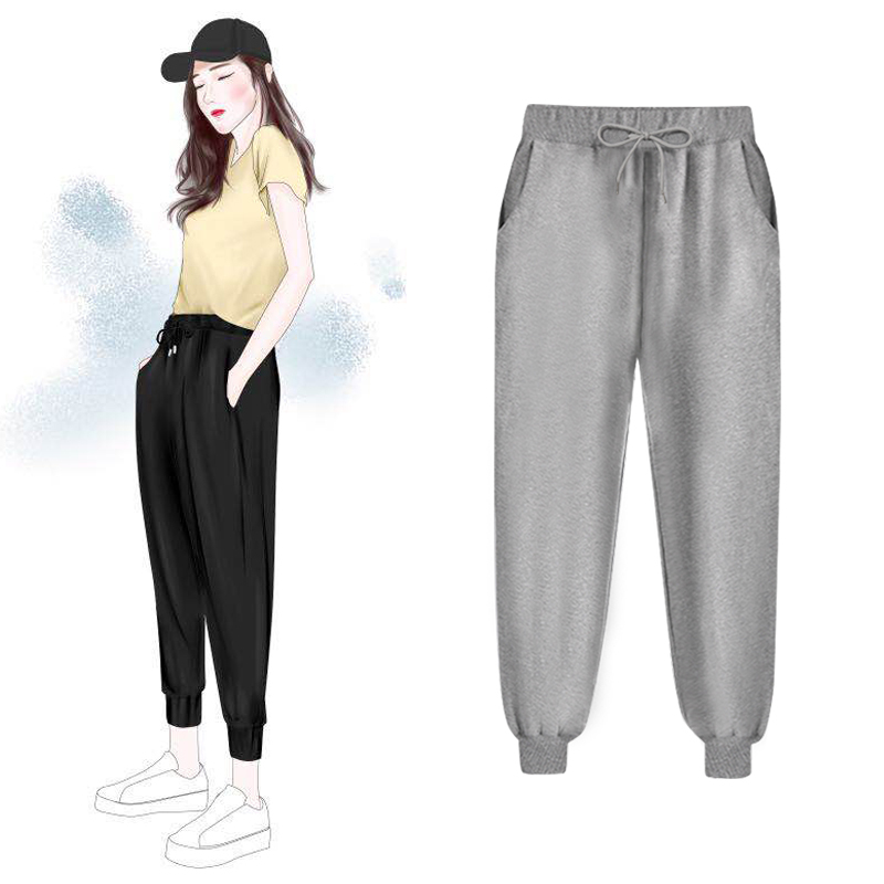 SUNTEK加肥加大码灰色运动裤女宽松束脚春秋棉200斤胖mm束脚裤卫裤潮休闲裤