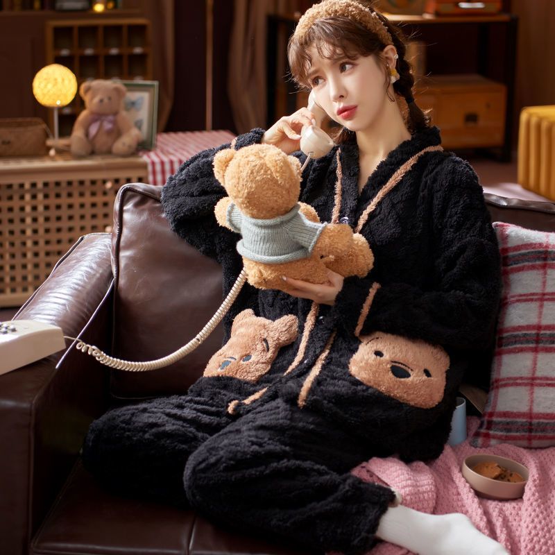 法兰绒秋冬季保暖睡衣女加厚加绒珊瑚绒甜美可爱韩版家居服两件套