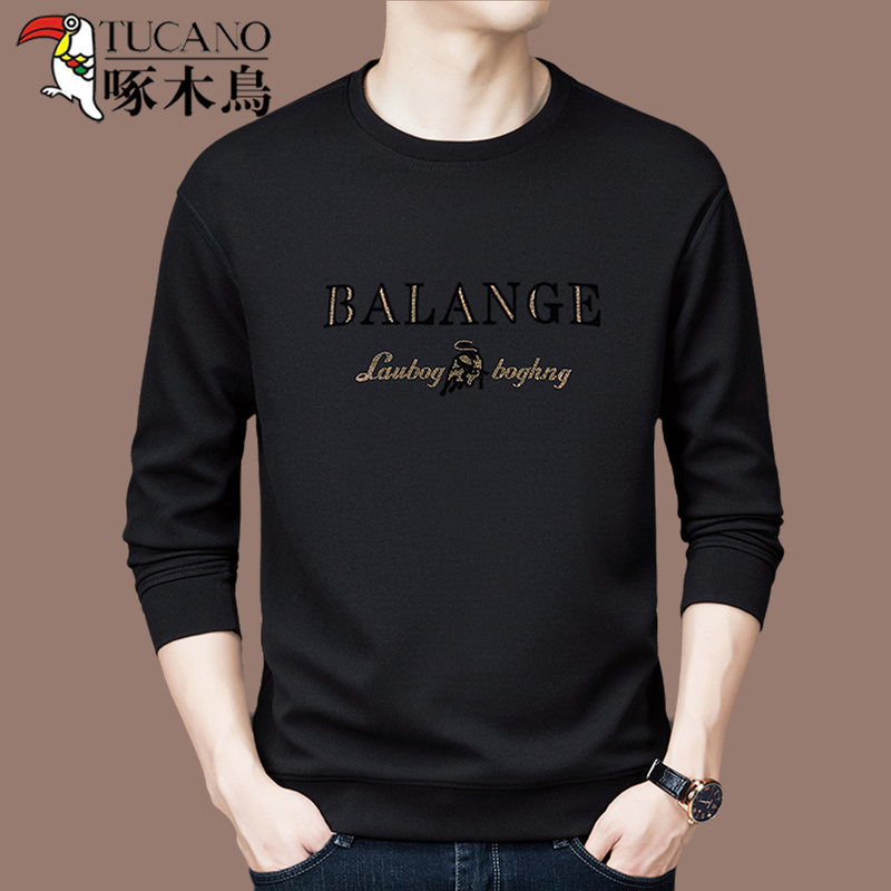 啄木鸟品牌秋冬新款长袖圆领纯棉卫衣男装高档t恤休闲加绒打底底高清大图