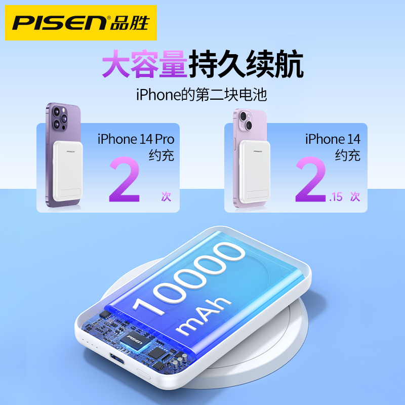 品胜磁吸无线充电宝苹果14ProMax专用MagSafe快充10000毫安适用iPhone13手机12移动电源自带支架超
