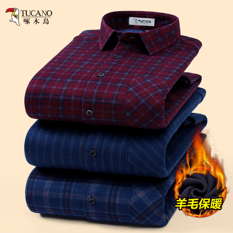 啄木鸟冬季男士羊毛保暖衬衫弹力加绒加厚长袖一体绒格子中年衬男高清大图