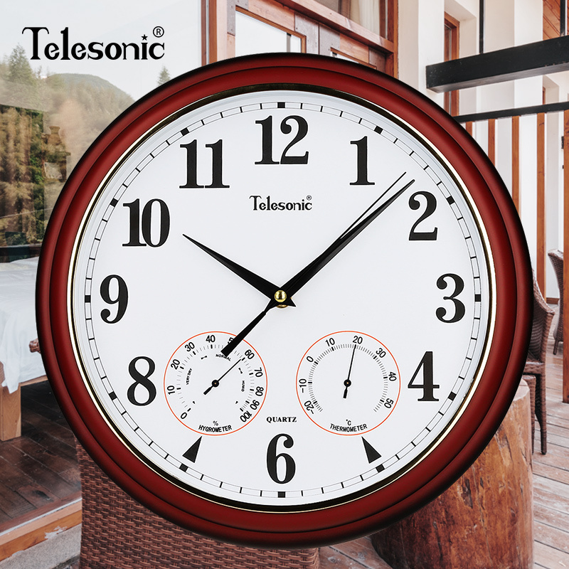 天王星(Telesonic)客厅挂钟现代复古钟表 卧室餐厅石英钟木纹中式会议室书房时钟 静音扫秒机芯 13英寸