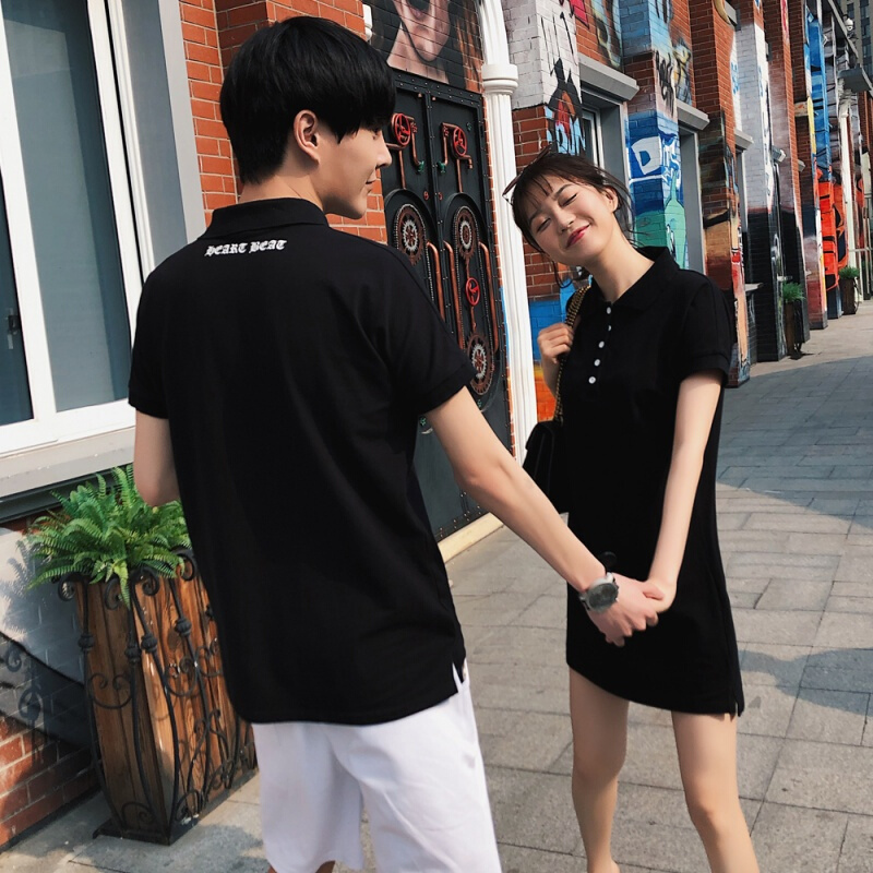 不一样的情侣装夏装套装2018新款气质polo裙夏款t恤衫短袖连衣裙黑色
