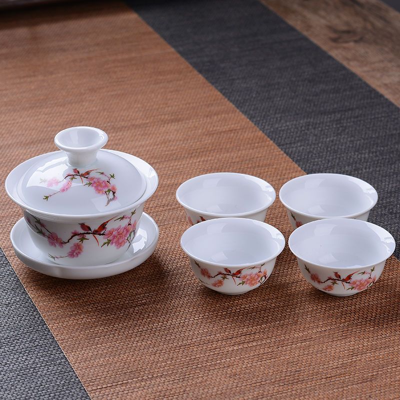 [多款可选]茶具套装陶瓷泡茶器青花瓷家用白瓷简约盖碗茶杯 [1盖碗4杯]玉瓷-纯白
