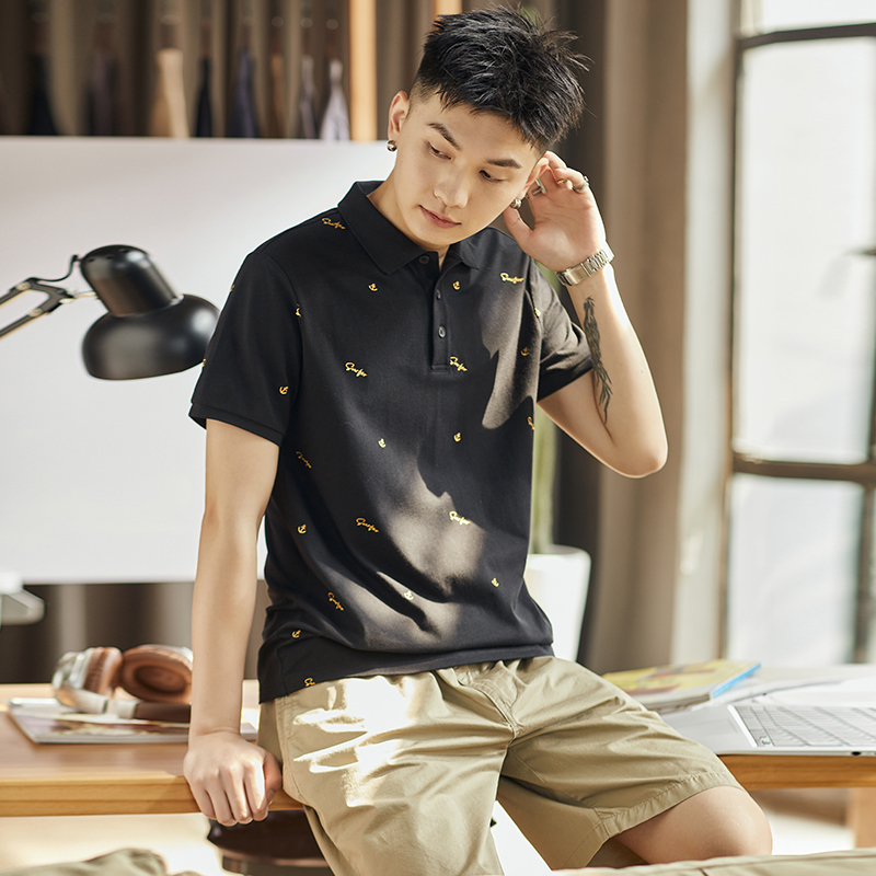 唐狮夏季新款polo衫男士短袖黑色有翻领t恤男生日系港风ins潮