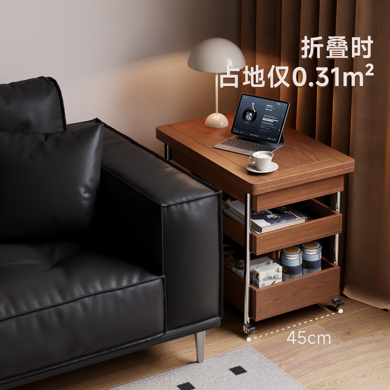 实木折叠茶几中古风小户型可移动沙发边几边柜客厅家用小推车高清大图