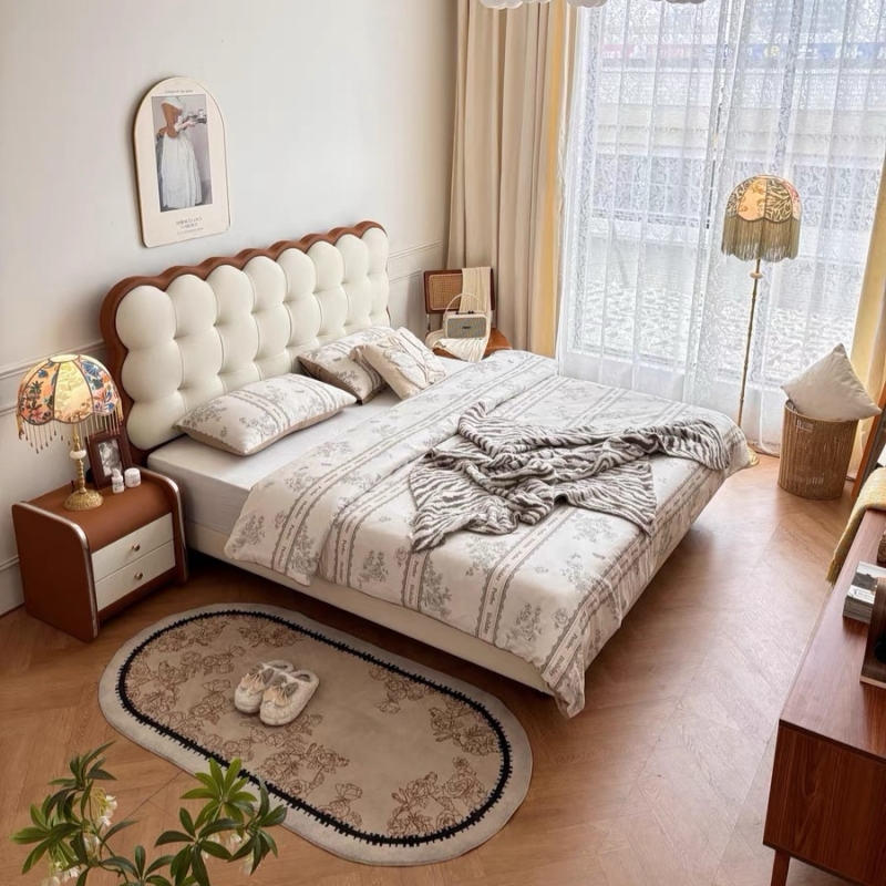 【苏宁专属】饼干床全实心实木头层牛皮主卧大床软靠包床现代简约轻奢高清大图