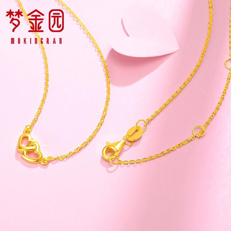 梦金园 金项链 足金999心心相连吊坠套链5G工艺锁骨链女