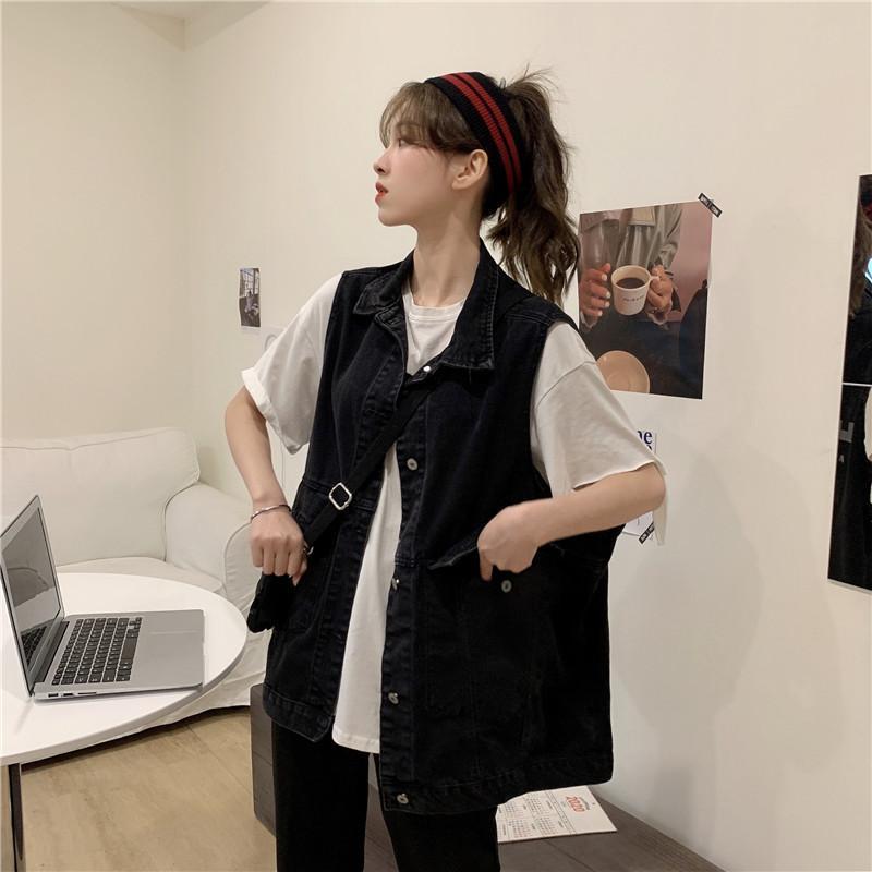 马甲女外穿百搭英文印花复古字母bf风牛仔宽松休闲马甲女坎肩外套