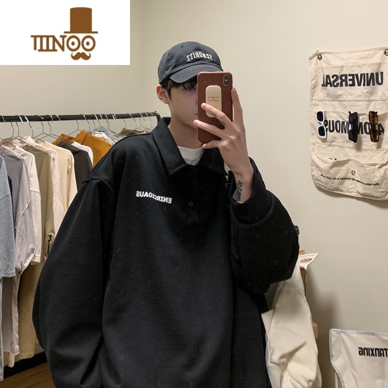 YANXUpolo领卫衣男无帽春季美式复古上衣设计感潮ins宽松百搭翻领外o高清大图