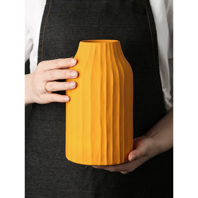 态生活北欧简约风格折纸陶瓷花瓶摆件家居装饰品干花花瓶创意客厅 三维工匠 宽口土黄色花瓶+黄色陆莲花束