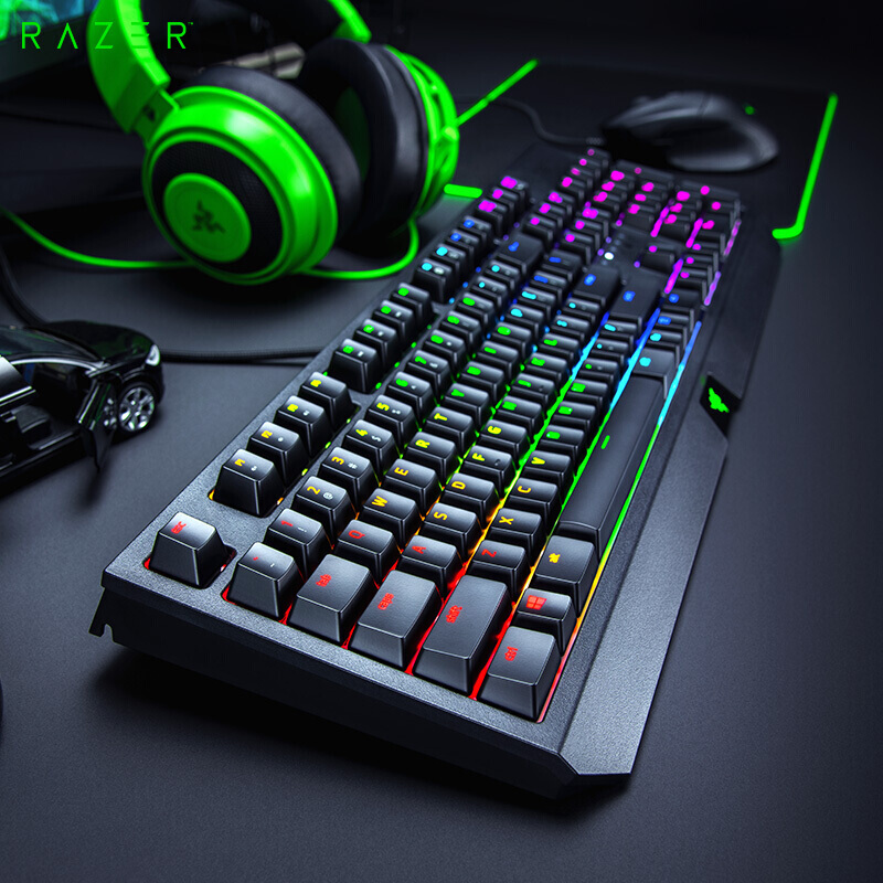 雷蛇(Razer)黑寡妇蜘蛛 机械键盘104键 绿轴+毒蝰迷你RGB鼠标 黑色 8500DPI