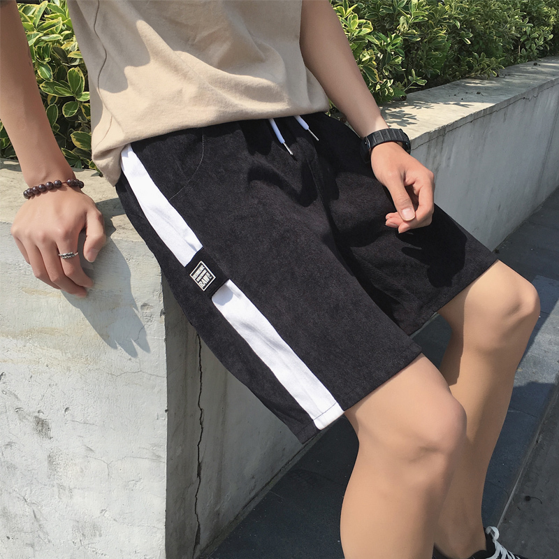 夏款灯芯绒短裤中袖裤男士裤子潮港风休闲裤夏天沙滩裤七分大裤衩