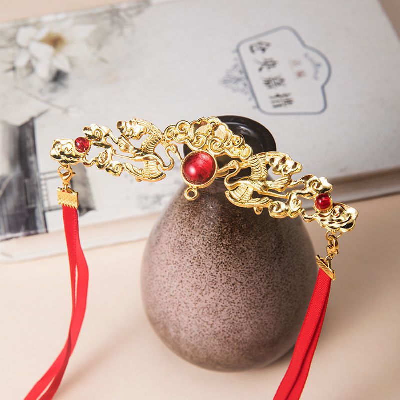 汉服发冠女丝带明制束发冠飘带流苏古装发饰男士发冠古风cos配饰红色