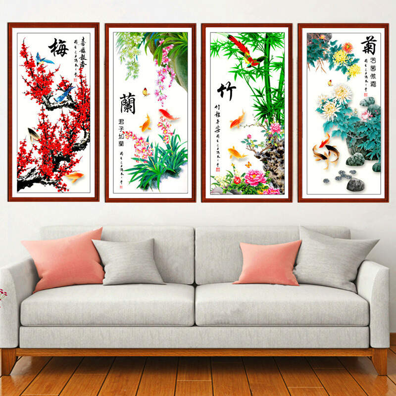十字绣梅兰竹菊新版客厅四扇屏春夏秋冬四君子版大幅风景棉线线绣系列满钻点钻贴钻石画