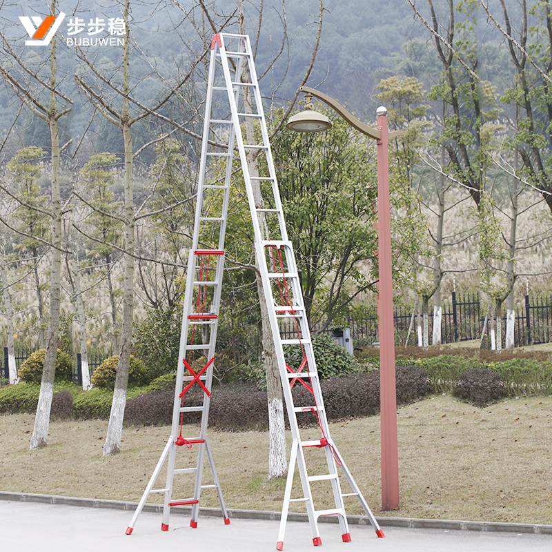 步步稳铝合金双面伸缩人字梯收折腿加厚铝梯工程梯家用户外折叠升降楼梯特厚8米