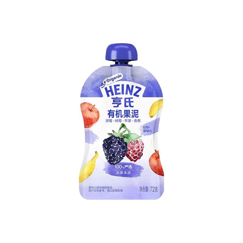 亨氏果汁泥宝宝有机辅食泥0添加苹果蓝莓树莓椰子香蕉果泥72g*1袋