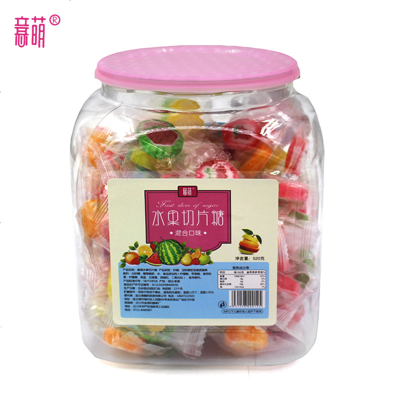 意萌桶装手工水果糖切片糖果小食混合水果味装硬糖散装