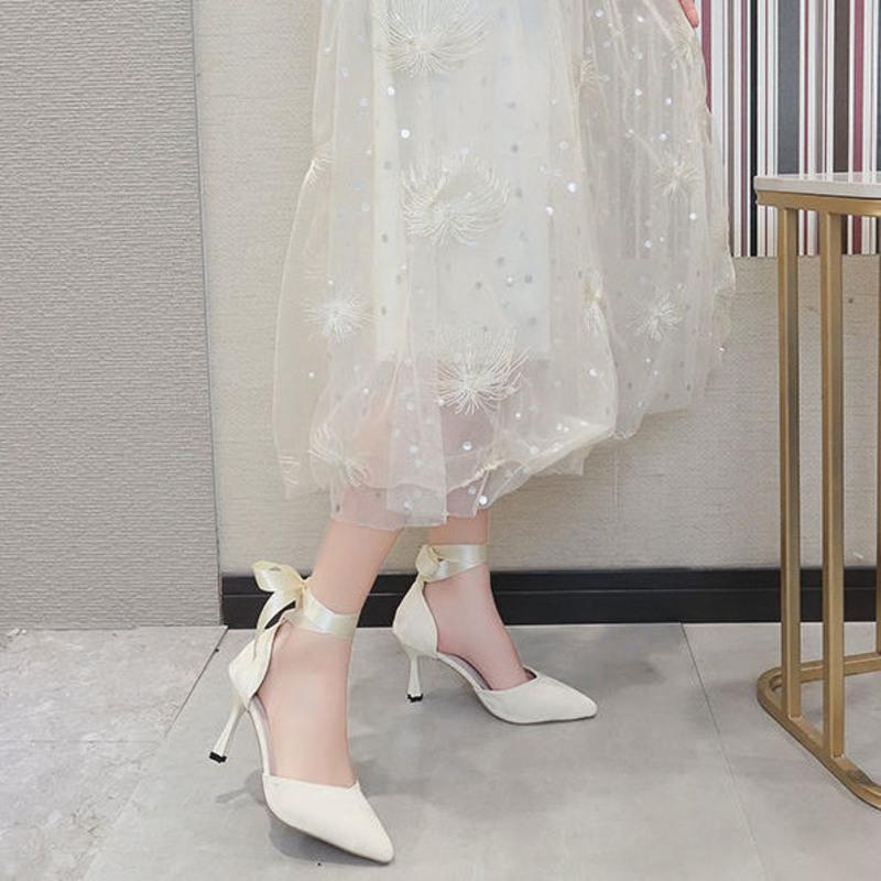 女中空凉鞋微闪性感单鞋优雅丝带仙女风小码34米白色8厘米偏大半码34