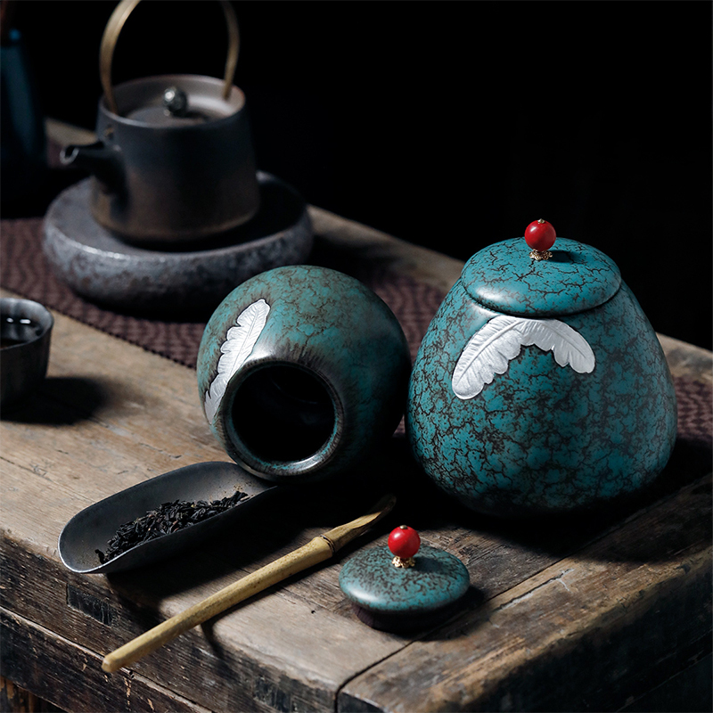 領藝 茶叶罐陶瓷普洱茶密封罐家用储物罐手绘描银约可装红茶110g 芭蕉罐中号