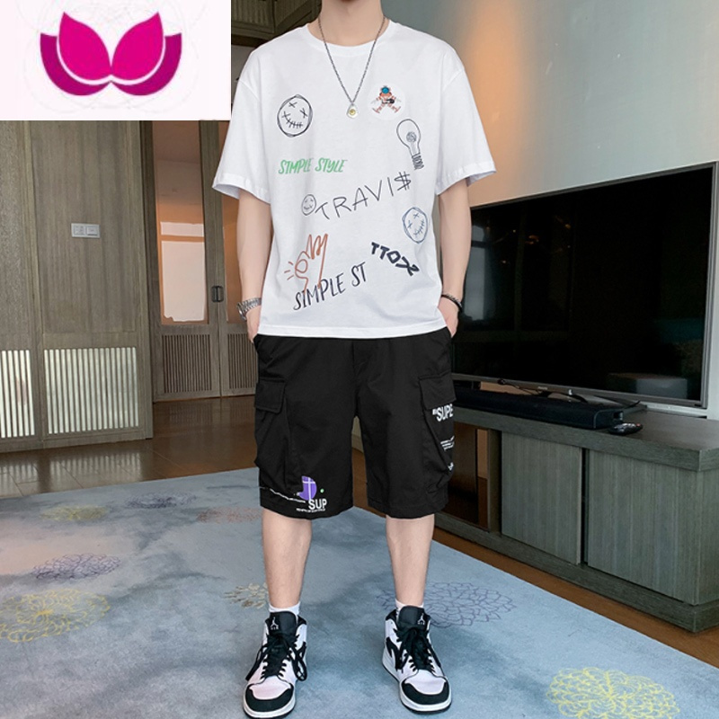 七斓夏季青少年短袖t恤男加肥加大胖子潮流学生肥佬直筒5分裤搭配套装