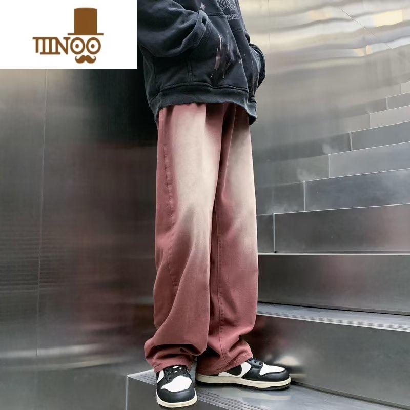 YANXU美式水洗做旧红色大码牛仔裤男宽松直筒oversize高街抽绳阔腿裤子高清大图