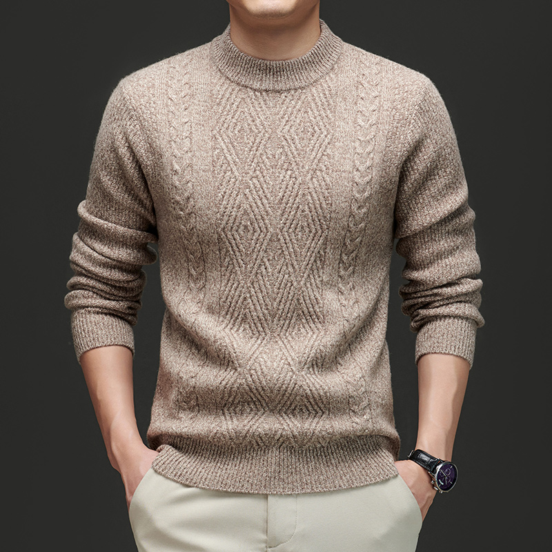 免费试穿 秋冬加厚走锭纺织纯羊绒羊毛衫套头毛衣男冬款加厚型羊毛衣打底衫打底100纯羊毛衫套头商务羊绒衫男士毛衣男士大码 103919灰米驼 180/XXL