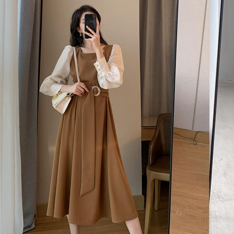 权小威 春秋季初高中女生长裙脚踝学生长袖裙子大学生穿的方领连衣裙