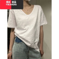 YIBUSHENG竹节棉短袖t恤女白色V领上衣季薄款宽松慵懒复古港味chic打底I