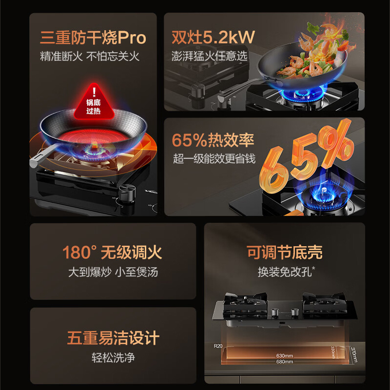 万和(Vanward)[小灶君B10 Pro·防干烧]天然气燃气灶5.2kW烟灶联动国家补贴20%嵌入式家用煤气双炉具高清大图