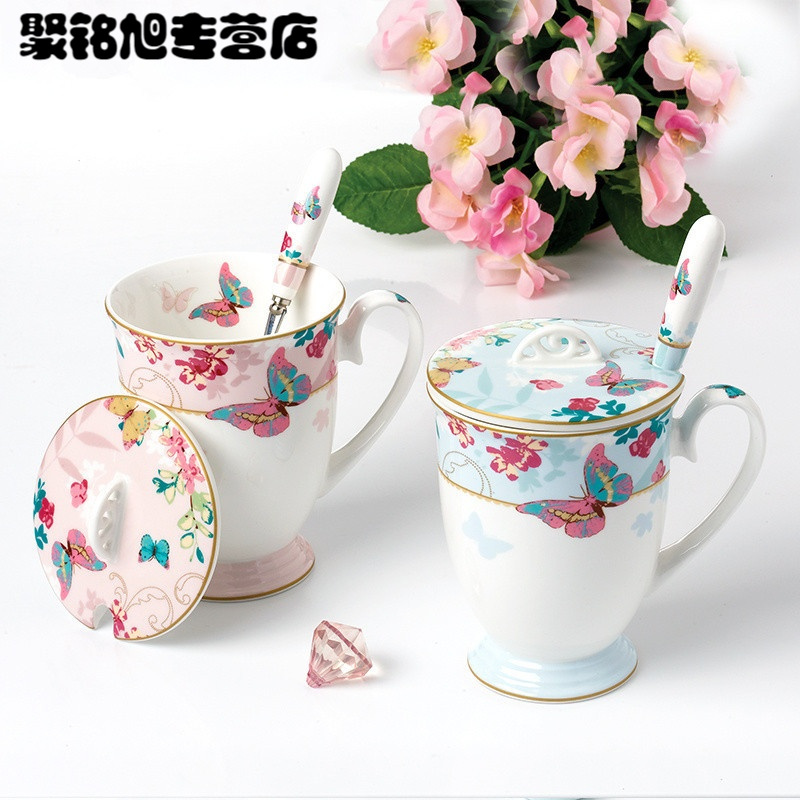 骨瓷杯子陶瓷创意马克杯咖啡复古欧式水杯带盖勺简约田园下午茶杯茶杯瓷杯家用喝水杯子新款创意杯子喝水杯家用陶瓷杯