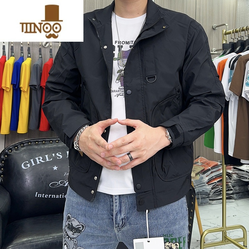 YANXU立领夹克男时尚港风男外套2023秋季新款休闲工装口袋潮款翻领上衣高清大图