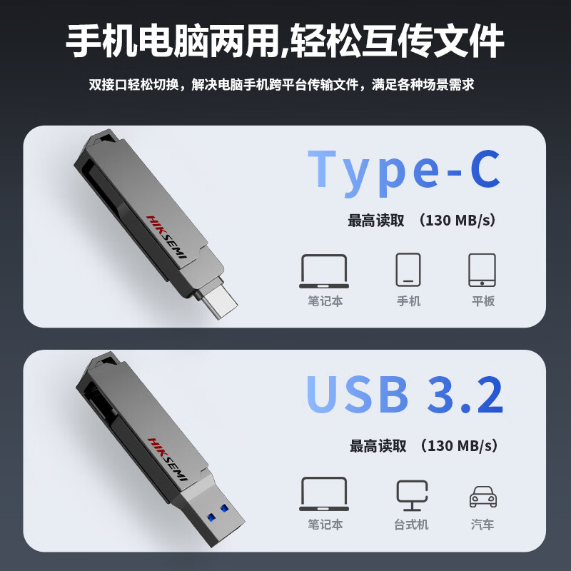 海康威视(HIKVISION)128GB Type-C U盘 X307C USB3.2手机电脑两用 双接口U盘高清大图