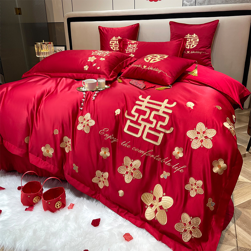 婚庆四件套全棉龙凤中式结婚大红色纯棉多件套刺绣新婚嫁床上用品