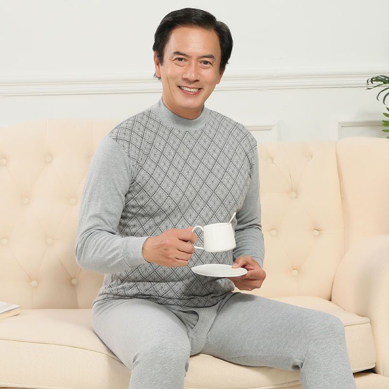 俞兆林 男士保暖内衣纯棉薄款爸爸中老年人大码秋衣秋裤套装男冬季棉毛衫 藏青菱形圆领高清大图