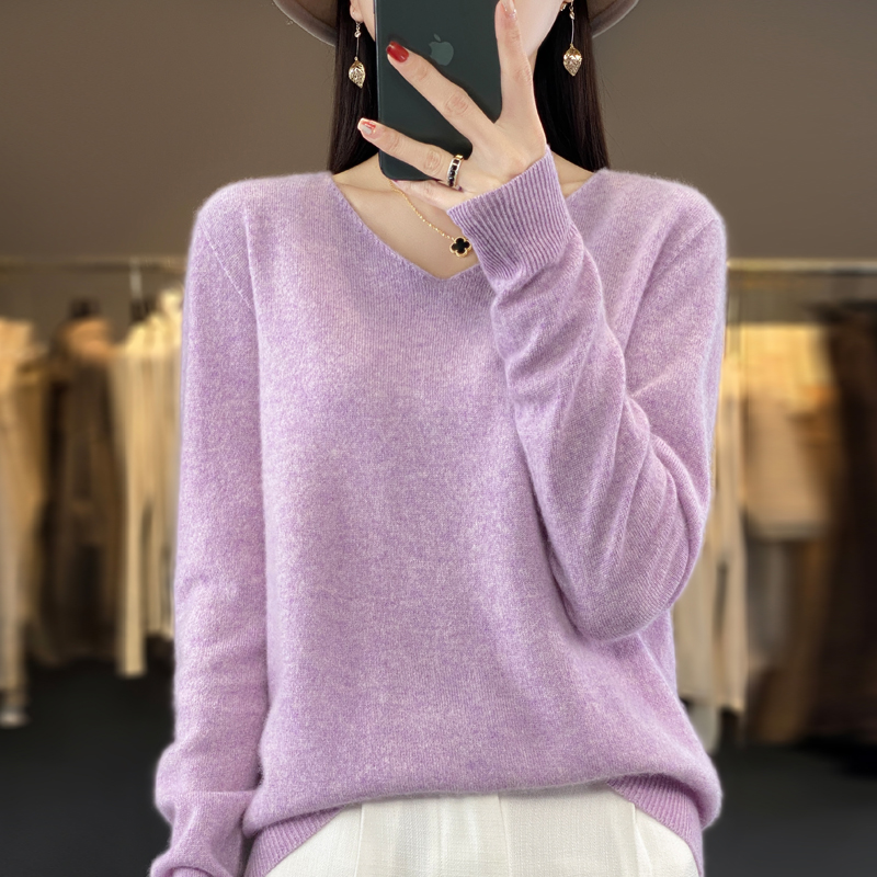 免费试穿 秋冬新款V领羊绒衫春秋新款针织衫瘦身上衣慵懒毛衣女春秋针织上衣服打底衫秋冬内搭大码显瘦洋气打底衫女高清大图
