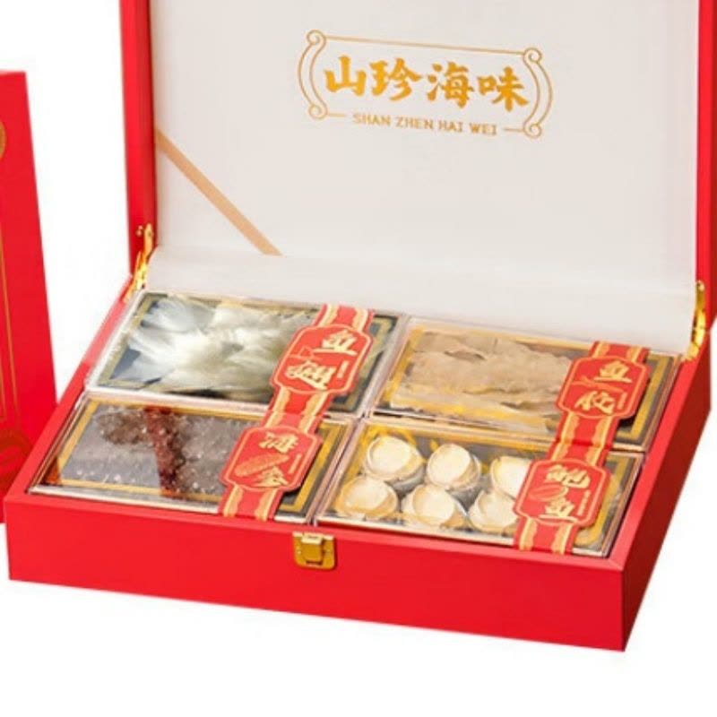 首鲜码头干海鲜礼盒海味过节送礼海参鲍鱼鱼胶干贝过节送礼礼品四季平安四拼红色礼盒海参鱼胶180g图片