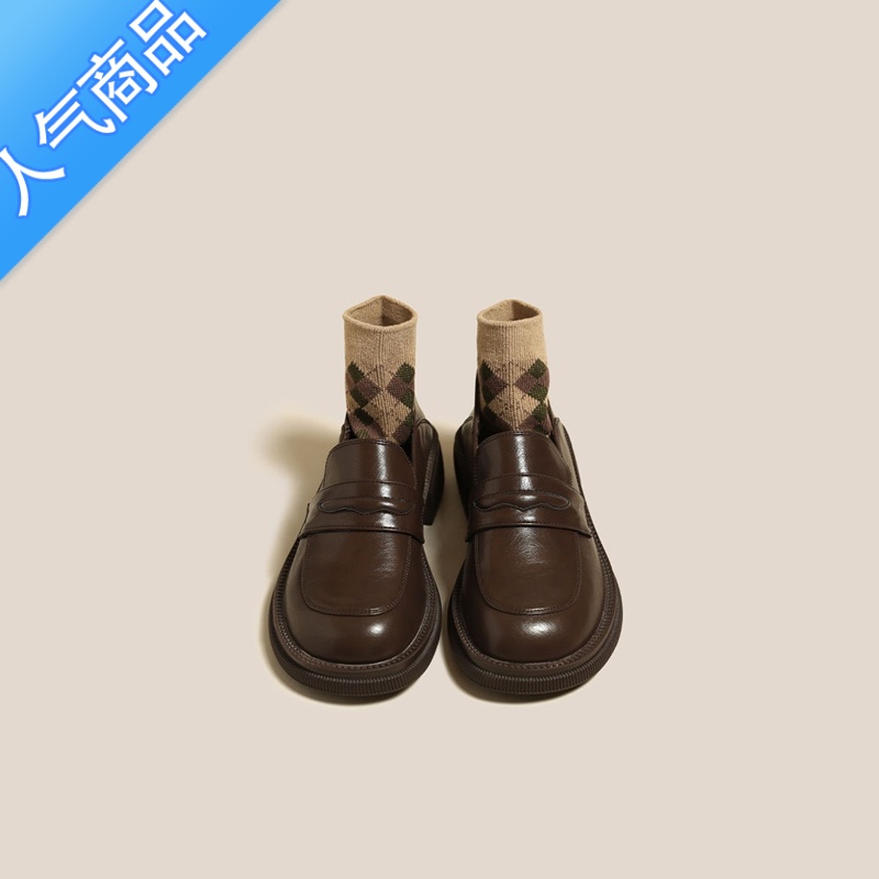 SUNTEK棕色乐福鞋女复古单鞋英伦风平底鞋咖色小皮鞋黑色一脚蹬百搭鞋子