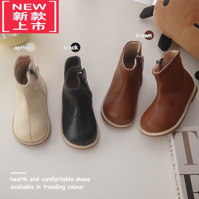 可莉允女童靴子2022秋冬韩版皮靴男童中筒靴加绒宝宝软底侧拉链儿童短靴图片