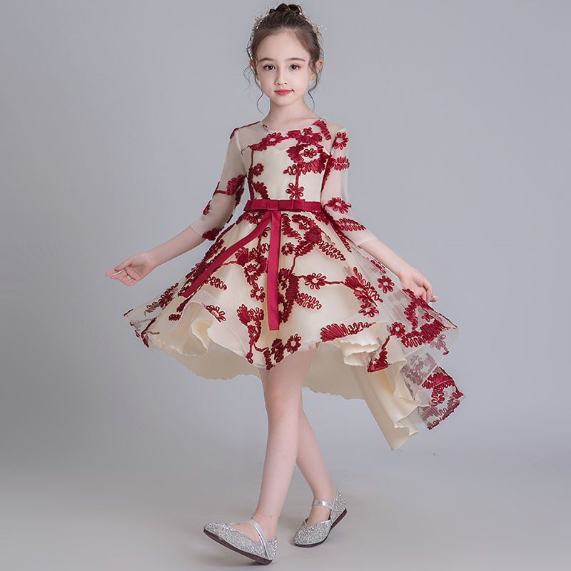 儿童礼服公主裙秋装女童连衣裙洋气拖尾花童蓬蓬纱钢琴主持演出服