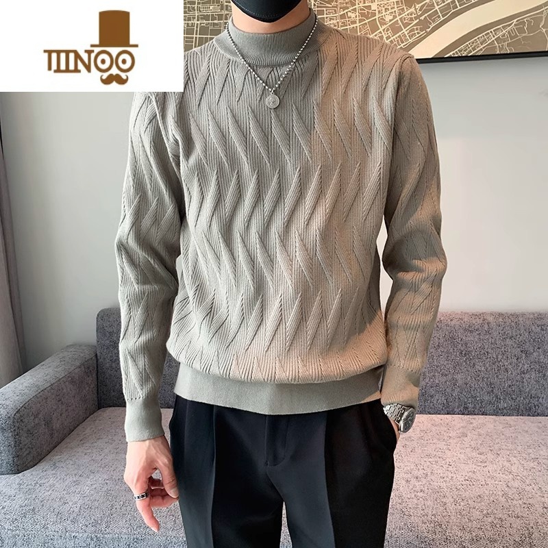 YANXU半高领毛衣男厚款宽松韩版潮流保暖中领打底毛线衣针织衫男高清大图