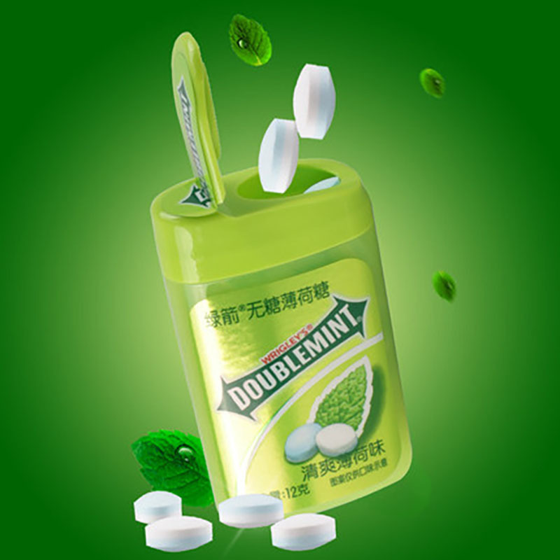 绿箭无糖薄荷味薄荷糖口香糖约20粒/瓶6瓶装清新口气接吻糖休闲零食糖果