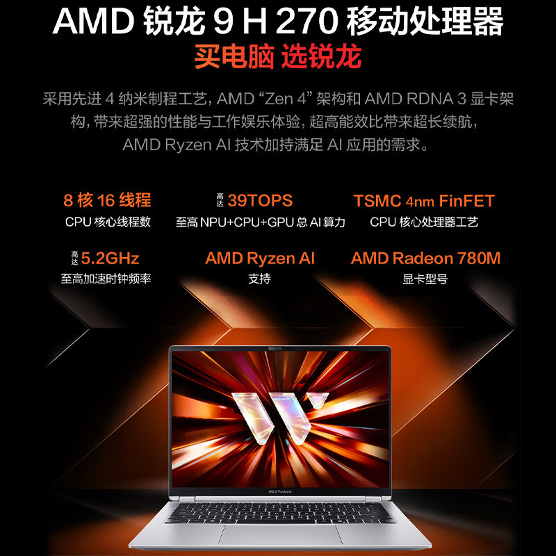 华硕无畏Pro16 锐龙版 2026 AI轻薄本笔记本电脑(R9 H270 80W高能释放 16G 512G 1100尼特OLED)银色高清大图
