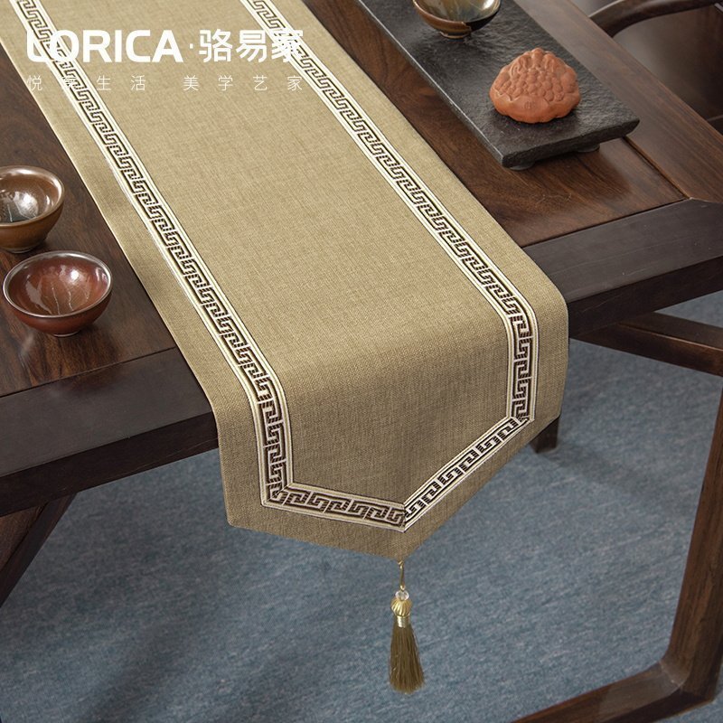 美式桌旗新中式禅意茶旗布现代简约茶几餐桌北欧电视 福延年-麻色(尖角款) 33*330cm(适用桌长2.7米-2.9米)